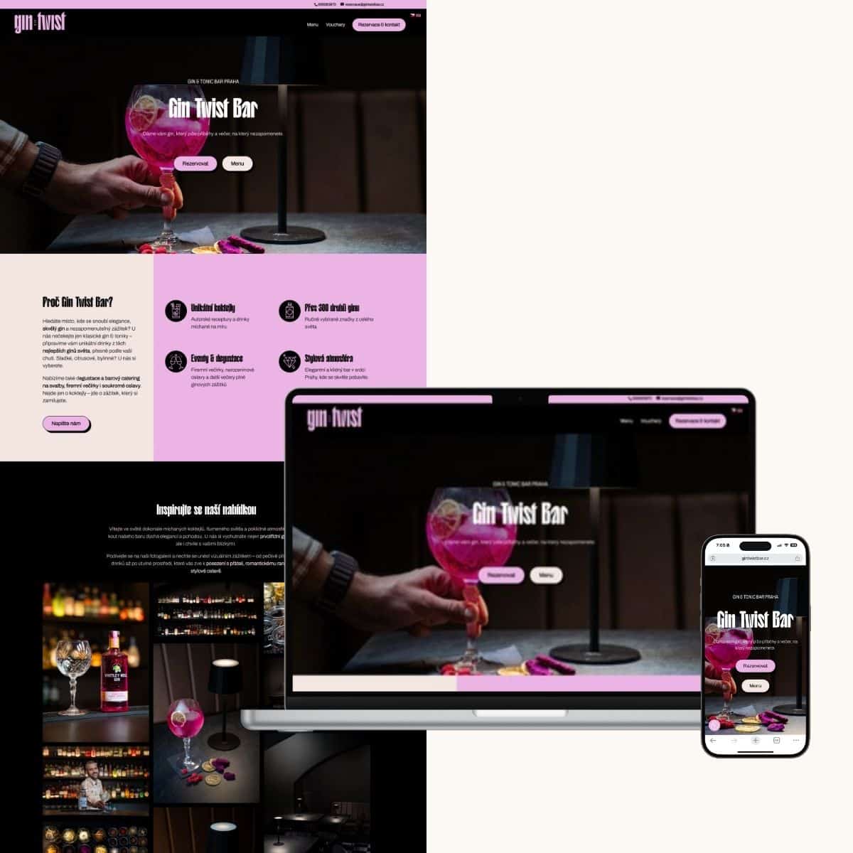 Web pro restauraci. Tvorba webu pro podnikatele, restaurace a bary Tvorba webu ve WordPressu a divi. Portfolio webdesigner, webmaster. Web Gin Twist Bar Praha